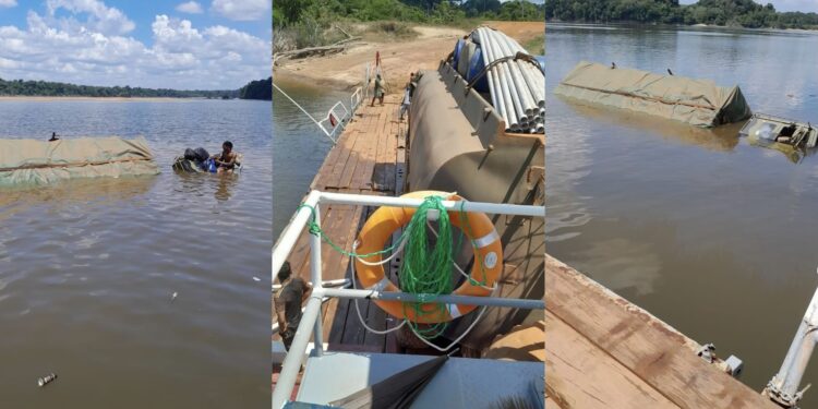 Lorry carrying perishable goods ends up in River after ‘brakes’ failure at Mango Landing