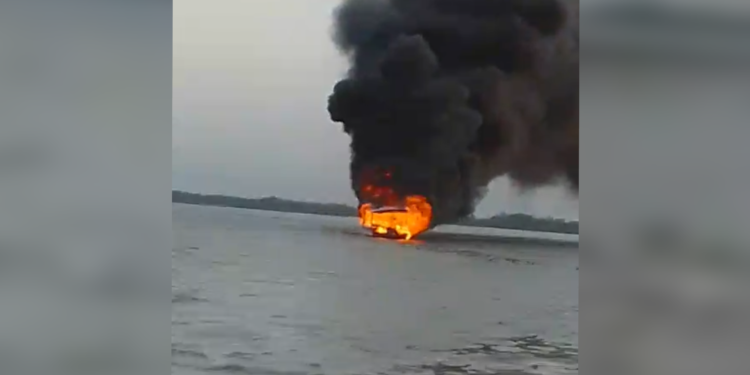 One sustained burns, several other rescued as water ambulance went up in flames